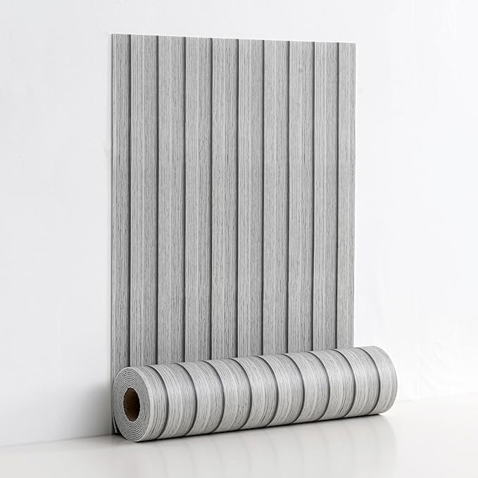 Haimin Wood Grain Slat Wall Panels Peel and Stick Faux Wood Thick Wallpaper 118"x15.75" Waterproof PET & IXPE Foam Paneling (Light Gray)