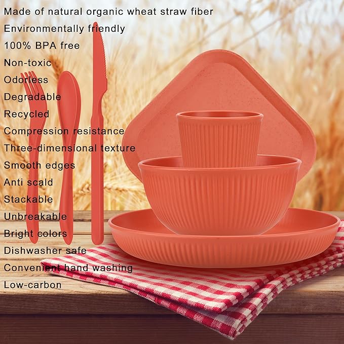 42-Piece Plates and Bowls Sets Wheat Straw Dinnerware Sets Service for 6, Unbreakable Dishwasher Microwave Safe Dishes Set Cups Sets Dinner Plates and Bowls Set for Kitchen