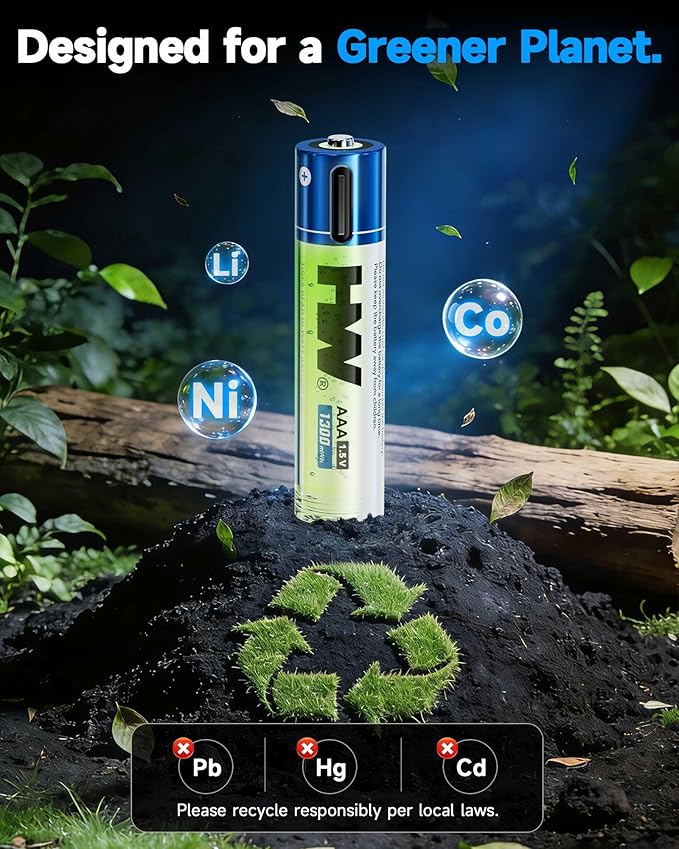 HW AAA Rechargeable Battery 12-Pack, 1.5V 1300mWh Triple A Batteries with USB-C Cable, 1000 Cycles Lithium Batteries for Remote Controls, Wireless Mouse, LED Flashlights, Electronic Toys, etc.