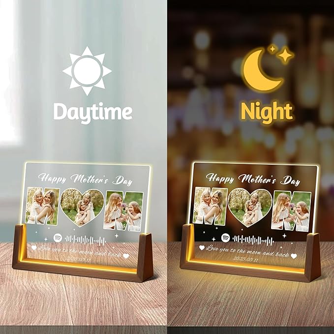 Personalized Mothers Day Birthday Gifts For Mom, Custom Spotify Plaque Mom Gifts From Daughter Son Husband, Light Up Picture Frame With Photo Name Customized Gift For Mama Grandma Wife