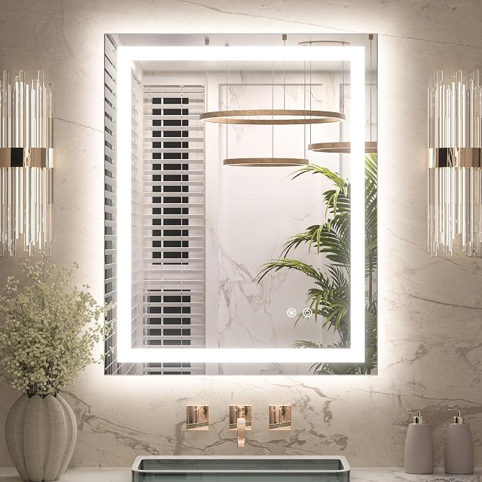 Keonjinn 24 x 30 Inch Bathroom Mirror with Lights, LED Vanity Mirror with Frontlit & Backlit, Stepless Dimmable 3-Color Temperature, Lighted Mirror with Anti-Fog, Tempered Glass(Horizontal/Vertical)