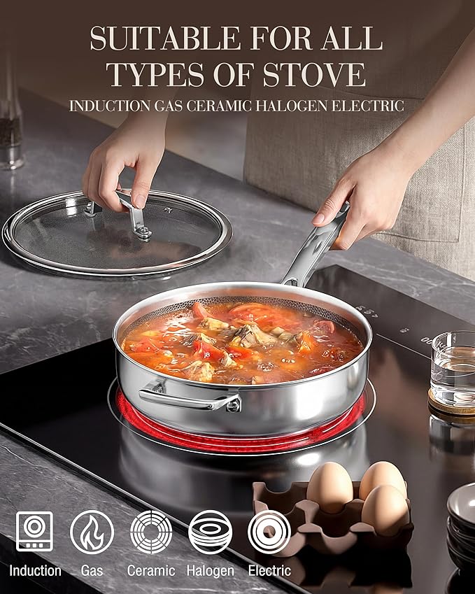 FogDream Titanium Non Stick Frying Pan, 10in Tri-Ply Stainless Steel Deep Saute Pan, All-in-One Cookware Set(Spatulas&Steamer), Stay Cool Handle, Dishwasher & Oven-Safe,Induction Compatible,Silver