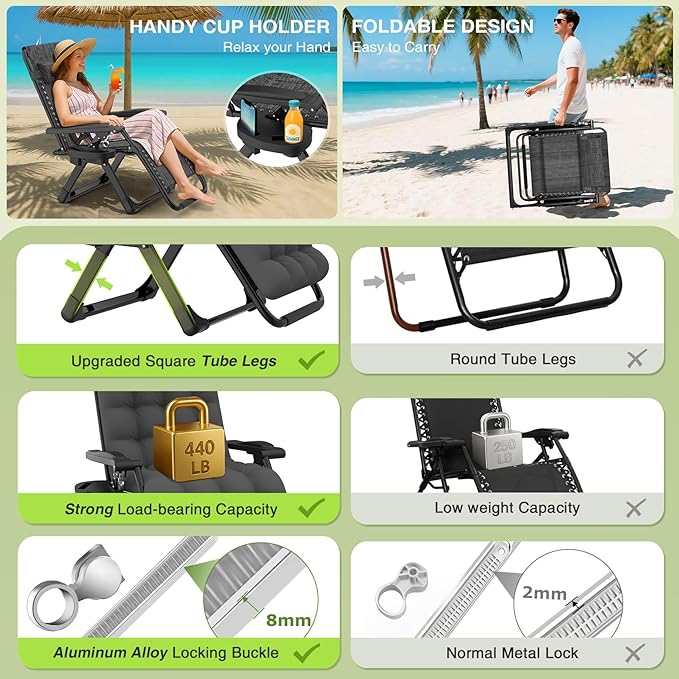 Suteck Zero Gravity Chair, Reclining Camping Lounge Chair w/Removable Cushion, Upgraded Lock and Cup Holder, Reclining Patio Chairs Folding Recliner for Indoor and Outdoor