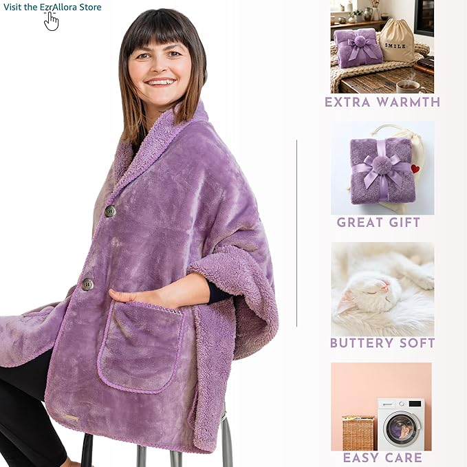 EzrAllora Premium Double Layer Wearable Blanket for Women - Drape and Go No Sleeves- Shawl Wrap with Pockets - Grandma Mom Gifts (Velvet Lavender)