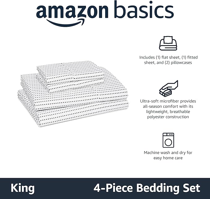 Amazon Basics Lightweight Polyester Microfiber 4-Piece Bed Sheet Set, Machine Wash, King, Plum, Printed