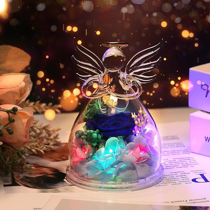 Mothers Day Mom Gifts for Mom,Fresh Flowers for Delivery,Birthday Gifts for Women Her,Preserved Flowers in Angel Figurines,Angel Gifts for Moms Mothers Day Grandma Wife Sister,Light Up Blue Gift