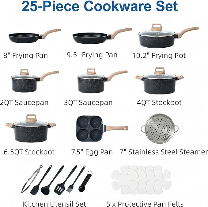 Simple Deluxe 25Pcs Ceramic Cookware Set, Nonstick & Non-Toxic Healthy Pots and Pans, Heat-Resistant Handles, Induction Cookware Sets with Frying Pans, Black