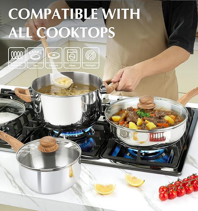 KOCH SYSTEME CS Stainless Steel Coowkare Set 10PCS, Professional 18/10 Stainless Steel Pots and Pans Set with Cool-Touch Handles, Tri-ply Base, Kitchen Cookware Sets, Cooking Set Induction Compatible