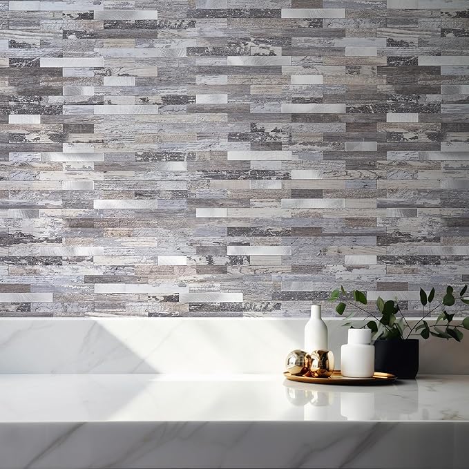 StyloVue 20 Sheets Peel and Stick Backsplash, Distressed Wood with Metal Silver Self Adhesive Wall Tiles Upgrade Your Kitchen Backsplash, RV, Fireplace
