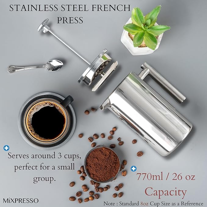 Mixpresso Stainless Steel French Press Coffee Maker 26 Oz 770 ml, Double Wall Insulated French Press Stainless Steel, Easy Clean Tea Brewer, Easy Press Durable Metal Coffee Press