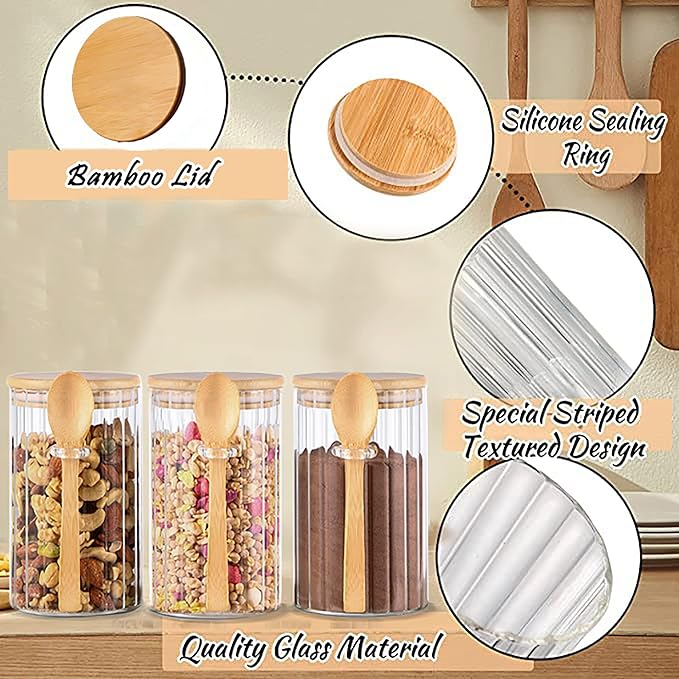 Steviieden 25 FL OZ Airtight Glass Jars with Bamboo Spoons Lids Overnight Oats Container Decorative Coffee Bar Food Storage Jar Cereal Nuts Salts Coffee Tea Flour Sugar Container Spice Jars
