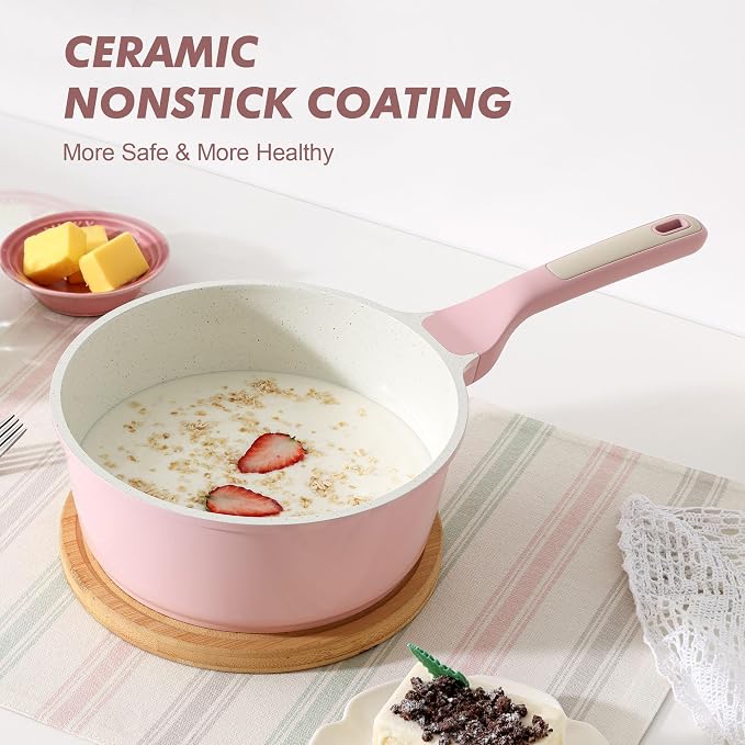 SENSARTE 2QT Ceramic Nonstick Saucepan with Lid, PTFE/PFAS Free, Pink | Small Kitchen Cooking Pot with Stay Cool Handle, Induction Compatible, Ceramic Coating