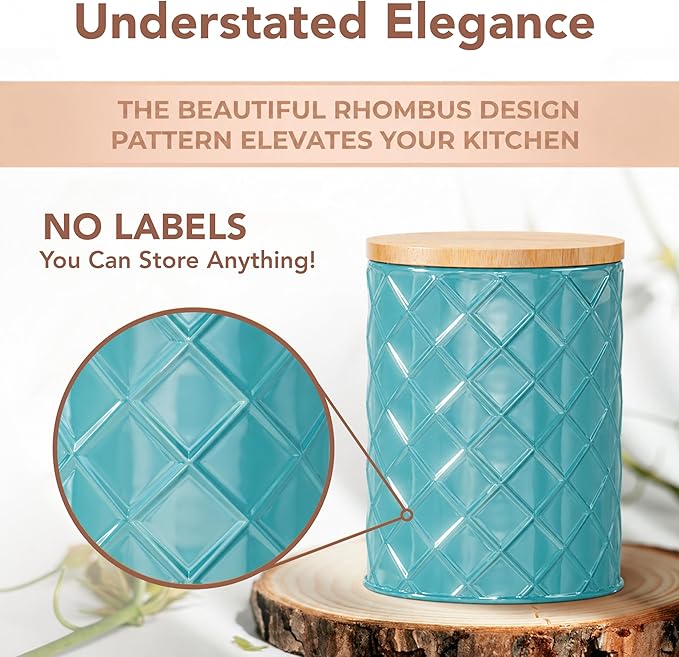 Pebble & Stem® Coastal Teal Metal Canister Set for the Kitchen with Measuring Spoon, Food Canister Set of 4, Airtight Lids, Sugar, Flour Containers, Coffee, Tea Storage, Farmhouse Decor