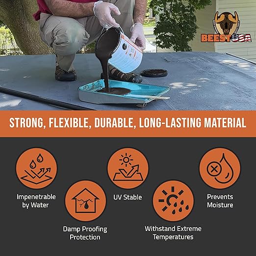 BEEST Liquid Rubber Waterproof Sealant Black, 1 Gallon Covers up to 25-35 Sq ft| Roof Sealant Waterproof Coating for Indoor & Outdoor Leak Repair| Easy to Apply Waterproofing Foundation Sealer