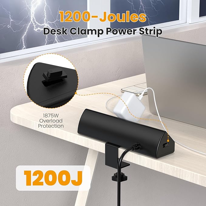 VILONG Desk Clamp Power Strip,65W Total Fast Charging Station,Desk Edge Mount Power Strip,8 USB Ports (4 USB C) & 5 AC Outlets,1200J Surge Protector (Black, 6, Feet, Power Strip)