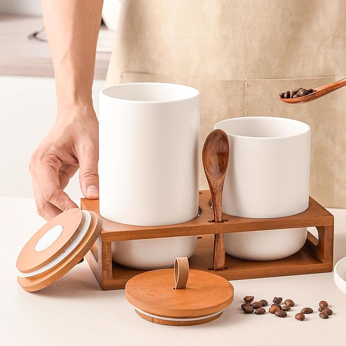 White Ceramic Canister Set of 2 with Bamboo Lids, Wooden Stand & Spoons – 35oz & 28oz Airtight Food Storage Jars for Coffee, Sugar, Tea, Kitchen Counter Organizer
