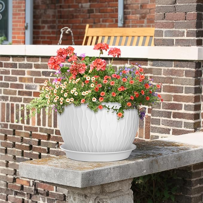 Meowell 12/10/9 inch Large Plant Pots, 3 Pack Wide Flower Pots for Outdoor Indoor Plants with Water Ripples, Big Plastic Planters with Drainage Holes and Saucers for Garden House Plants, White