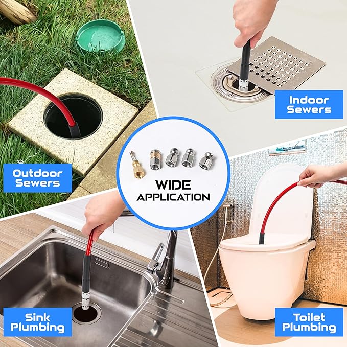 Sewer Jetter Kit for Pressure Washer, 50FT 5800 PSI Drain Cleaner Hose with 1/4" NPT Corner, Rotating and Button Hose Sewer Jetting Nozzle, Waterproof Tape, Pearl Corsage Pin, Spanner, Glove