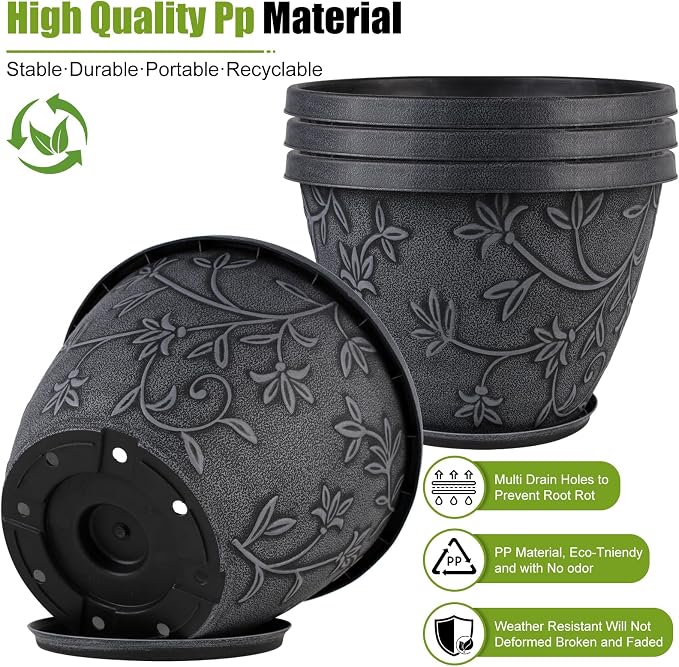 Nooulap 4 Pack 12 Inch Plant Pots for Outdoor Indoor, Plastic Flower Pots with Drainage Hole & Saucer, Modern Decorative Large Garden Pot, Imitation Magnolia Pots for Garden House Planters（Gray）
