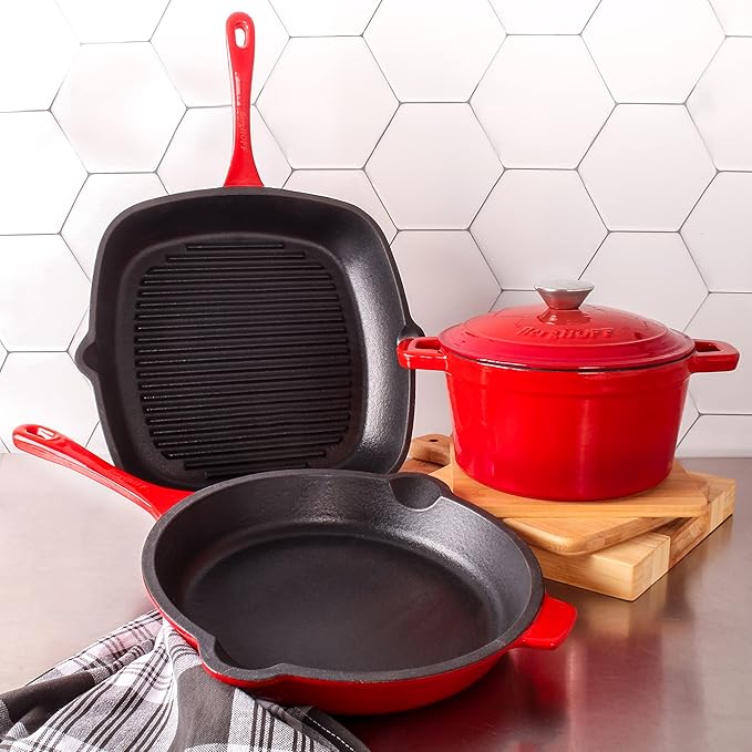 BergHOFF Neo 4Pc Enameled Cast Iron Cookware Set, Grill Pan 11 inches, Fry Pan 10 inches, 3qt. Dutch Oven, Matching Lid, Fast, Evenly Heat, Oven Safe (Red)