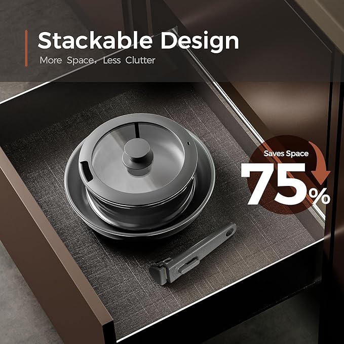 5pcs Nonstick Cookware Set, Diamond-Titanium Ceramic Coating & 3 Layer Stainless Steel Pots and Pans Set with Detachable Handle, Dishwasher Safe, Induction Compatible, Oven Safe, Gray