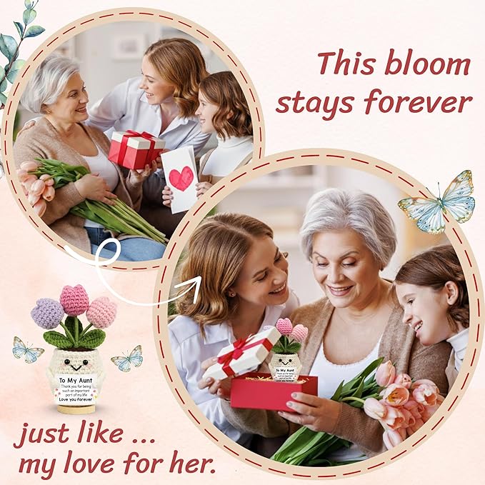 Aunt Gifts - Mothers Day, Birthday Gifts for Aunt from Kids Nephew Niece - Auntie Present for Women - 5.51'' x 4.13'' Knitted Positive Tulip Flowers Auntie Crochet Doll