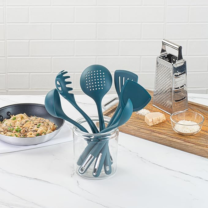 Restaurantware Silicone Utensil Set Pack of 1 Non-Slip Handle 6-Piece Kitchen Tool Set, Heat-Resistant Dishwasher-Friendly Cooking Accessories, Durable Teal Cooking Utensils
