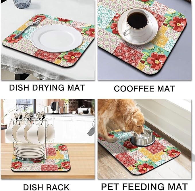 Coffee Bar Mat Accessories for Countertop Absorbent Hide Stain Rubber Backed Dish Drying Mats for Kitchen Counter Draining Pad Decor Gift(18x16in)