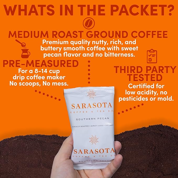 Butter Pecan Coffee Packs – Southern Texas Flavored Ground Coffee Packets | Gourmet Medium Roast, Low Acid, Mold Free | Pre-Measured 2.5 oz Single-Pot Fractional Packs for 12 Cup Brewers, 36 Count – Sarasota Coffee