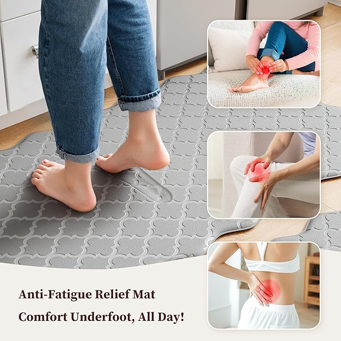 Arenarug Upgrade Scalloped Embossed Kitchen Mats for Floor 2PCS Cushioned Anti Fatigue Waterproof Foam Kitchen Rugs Non Slip Washable Comfort Standing Mat for Sink Laundry, 24"x39"+24"x59", Grey