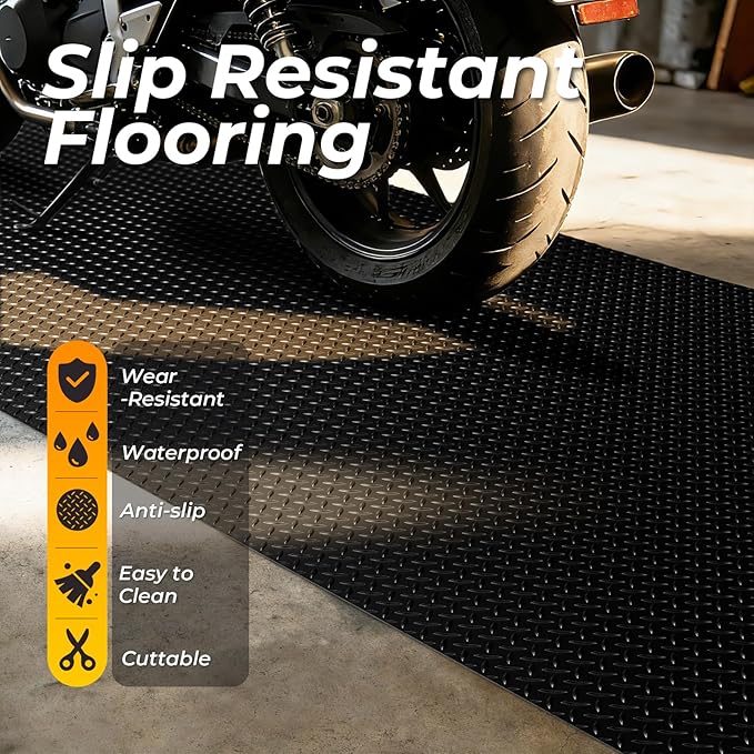 4x10 FT Diamond Plate Garage Floor Mat, Heavy Duty PVC Flooring Roll, 2.8mm Mat for Under Car, Motorcycle, Golf Cart, Trailer, Waterproof Non-Slip Floor Protector for Garage, Basement, Black