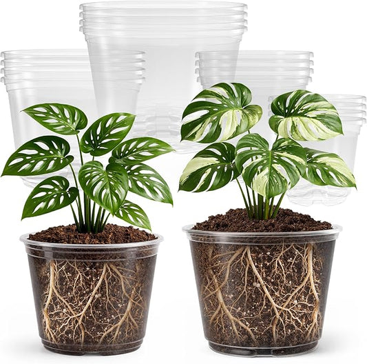 Bluepro Clear Nursery Pots with Drainage Holes, 5/6/8/10 Inch, 16-Pack | Clear PET, 4 Each of Four Large Sizes, Root and Moisture Visibility, Flexible, Reusable, Repotting and Plant Care
