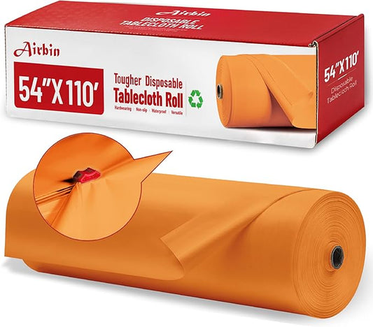 Plastic Table Cloth, 110 Ft X 54 in Disposable Tablecloth Orange Tablecloth Premium PEVA Plastic Table Cloth Disposable with Any Cut Sliding Cutters for Picnics, Parties, Birthdays, Festivals