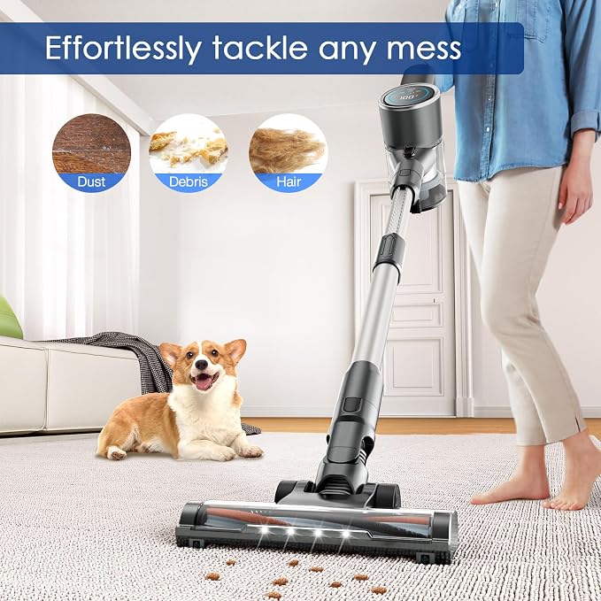 Cordless Vacuum Cleaner with 2 Batteries, 500W 45Kpa Lightweight Stick Vacuum Cleaners for Home with LED Display, Brushless Motor, Anti-Tangle, for Carpet & Hard Floor & Pet Hair (Grey)