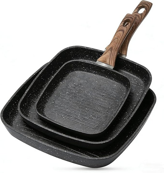 Simple Deluxe 3 Pieces Nonstick Grill Pan Set, Square Versatile Griddle Pans with Wooden Handle, Durable Skillet Indoor & Outdoor Use, All Stovetops Compatible(9.5", 10.2", 11"), PFOA Free, Black