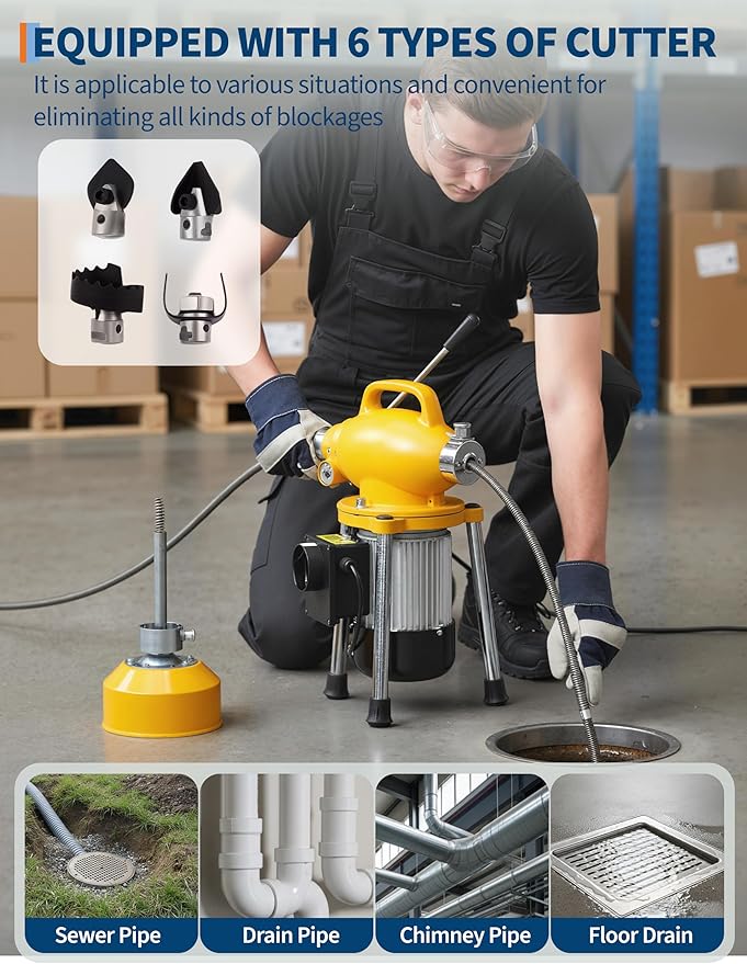Electric Sewer Snake Drain Auger, Drain Cleaner Machine with 66FT x 5/8" & 16FT x 3/5" Steel Cables, 6 Cutters, 500w Power Auto Feed Pipe Snake for 1.6"-4" 500 w 400 RPM for Sink Toilet Drainage