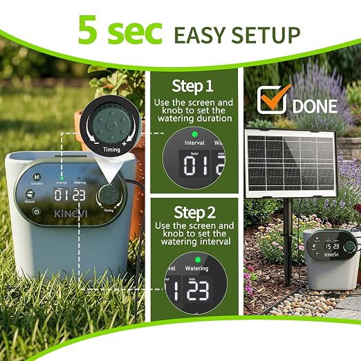 Solar Drip Irrigation System Kit, Auto Plant Waterer for 15 Pots | 3W Solar Powered Automatic Self Watering Device, 22 Programmable Timer Modes, Anti-Siphon, Outdoor Balcony