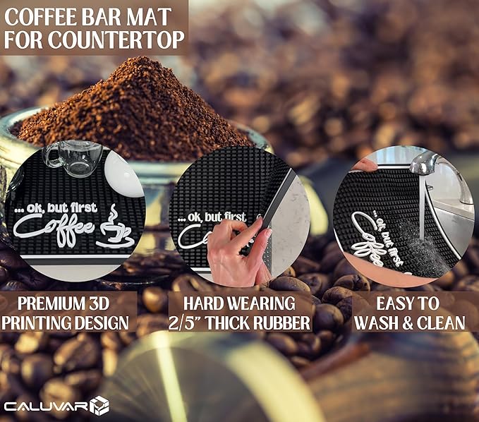 Ok But First Coffee Sign Rubber Bar Mat for Countertop, 18x12 Coffee Bar Mat, Coffee Bar Sign Counter Mat, Barista Station Mat, Cocktail Rubber Mat