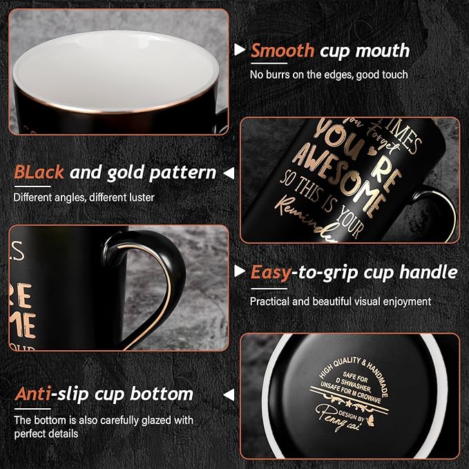 Anniversary Birthday Thank You Gifts for Men, Sometimes You Forget You're Awesome - 14oz Unique Black Ceramic Inspirational Mug with Gold Print, Funny Valentines Day Presents for Boyfriend Husband Him