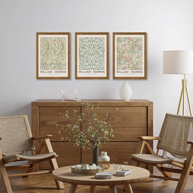 JLTULT 3 Piece Wood Frames Vintage Floral Canvas Wall Art, William Morris Flower Pattern Wall Decor, Nature Botanical Picture Artwork Prints for Living Room Bedroom Office 12x16 inch Easy to Hang