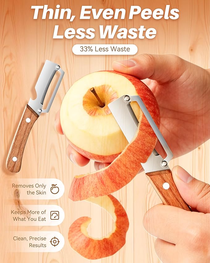 Wooden Kitchen Tool, Multifunctional Vegetable Peeler 2-in-1 with Bottle Opener, Ultra-Sharp Curved Blade, Multi Functional Vegetable Peeler Non-slip Handle for Vegetables or Fruits (1)