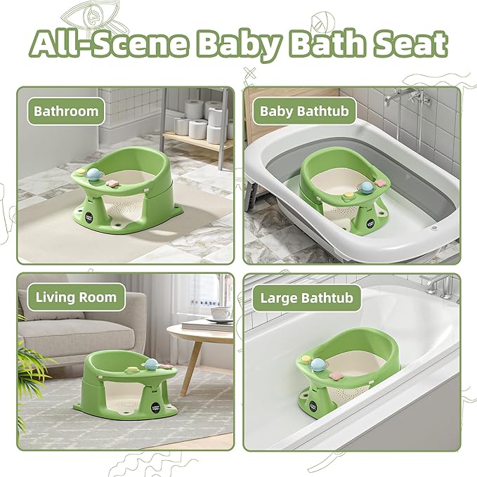 Baby Bath Seat for Babies 6 Months & up with Thermometer, Non-Slip Toddler Bath Seats for Sitting Up, Safe Infant & Newborn Bathtub Chair with 4 Suction Cups, Soft Cushion & Temperature Display, Green