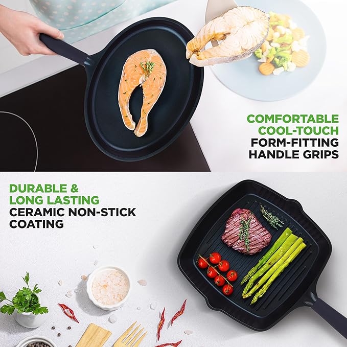 NutriChef Non Stick Frying Pans Set, 5-Piece Blue Diamond Ceramic Cookware with Lid, Nonstick Frying Pan for Gas, Electric, Ceramic & Induction Cooktops, PTFE/PFOA Free, Bakelite Soft-Touch Handles