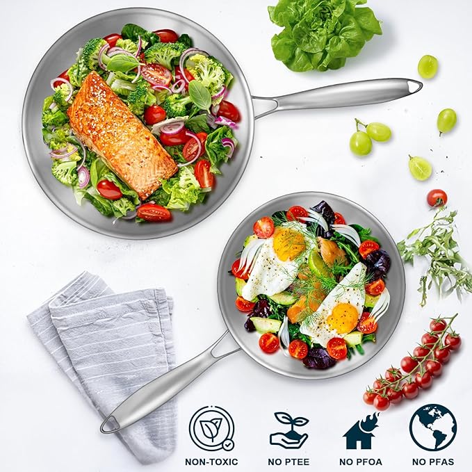 Tri-Ply Stainless Steel Frying Pans Set with Lid, EWFEN 8”/10”/12” Cooking pans, PFOA&PTFE Free Skillet, Induction Cooking Pan, Dishwasher and Oven Safe, Fast & Even Heat, Suitable for All Stove