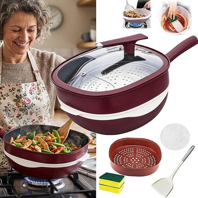 2026 Upgrade Titanium Pot 12in Titanium Alloy Non-Stick Pot with Lid with Steamer Titanium Frying Pans Nonstick Titanium Pots And Pans, Nonstick Frying Pan Cookware Sets, Deep Saute Pan (Red, 12in)