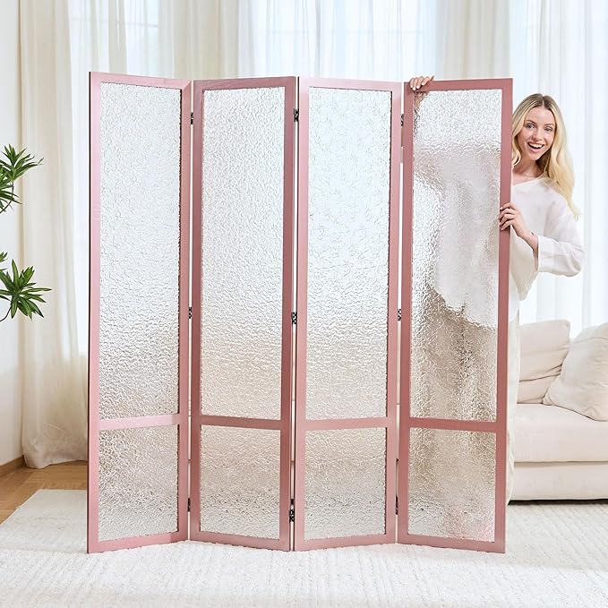 4 Panel Acrylic Room Divider Privacy Screen - Freestanding Frosted Translucent Partition, Lightweight Modern for Home Office Studio (Pink, 4 Panels)