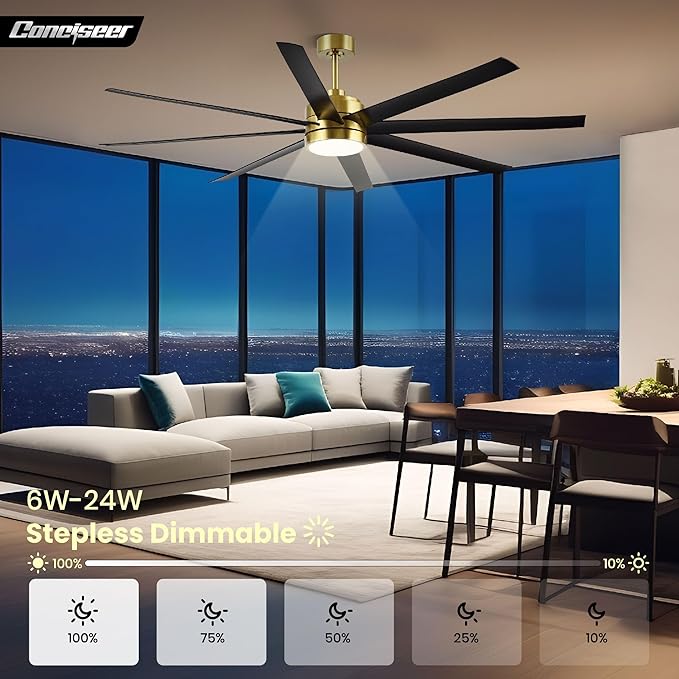 Conciseer 65 Inch Ceiling Fans with Lights and Remote for Bedroom Living Room Kitchen Office, Indoor/Outdoor Use, 6CCT, 8 Blades 6 Speed Reversible Dimmable Quiet DC Motor, Gold/Black