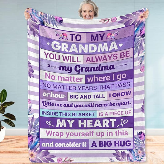 Gifts for Grandma Blanket for Mothers Day – to My Grandma Soft Flannel Fleece Throw Blanket, Cozy Purple Floral Blanket with Loving Message, Birthday Gift from Grandchild 50x60 Inches