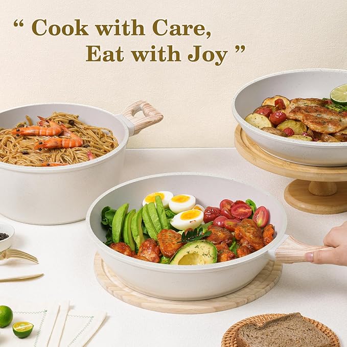 SODAY 12 Pcs Pots and Pans Set Non Stick, Cookware Sets White Granite Induction Cookware, Non-toxic Healthy Nonstick Kitchen Cooking Set with Frying Pan Set, Saucepans (PFAS/PFOA/PFOS Free)