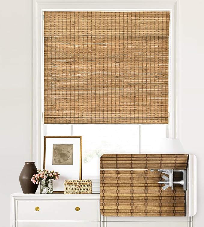 LazBlinds No Tools No Drill Cordless Bamboo Roman Shades, Light Filtering Window Treatment, Roll Up Bamboo Blinds for Windows 25'' W x 48'' H, Eastfield Teak